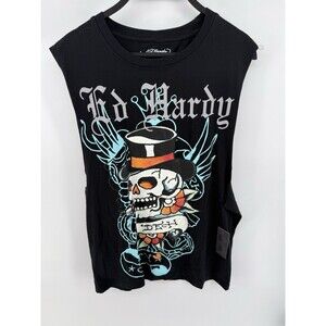 Ed Hardy Men's M Black Tank Top Sleeveless Skull Top Hat Shirt NWT